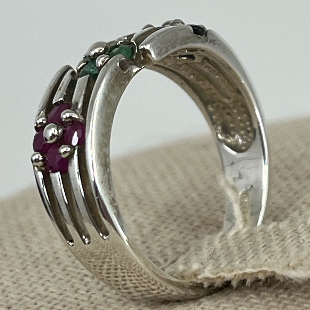 Vintage Sterling Silver Flower Cluster Ring – Ruby, Emerald, Sapphire - Picture 2 of 16